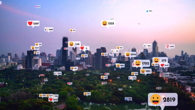 Social media icons fly over city downtown showing people reciprocity connection